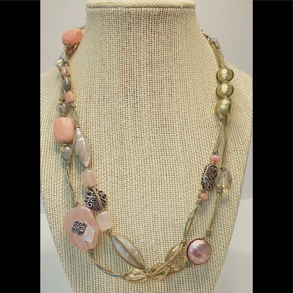 Silpada beaded necklace, pink, grey and sterling silver accents. 41”.